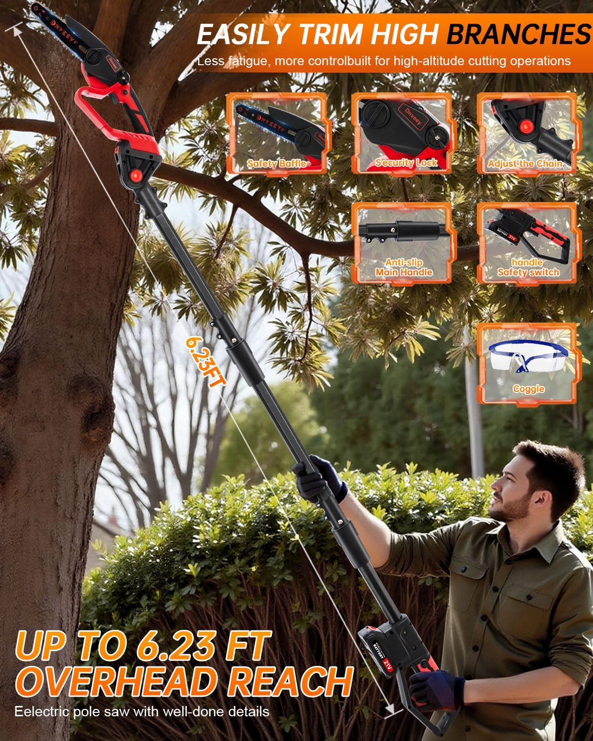 Cordless Pole Saw for Tree Trimming, 2-in-1 Electric Pole Saw & Mini Chainsaw Kit with 2x 21V Batteries, Long Reach for High Branches (DZJ3024)